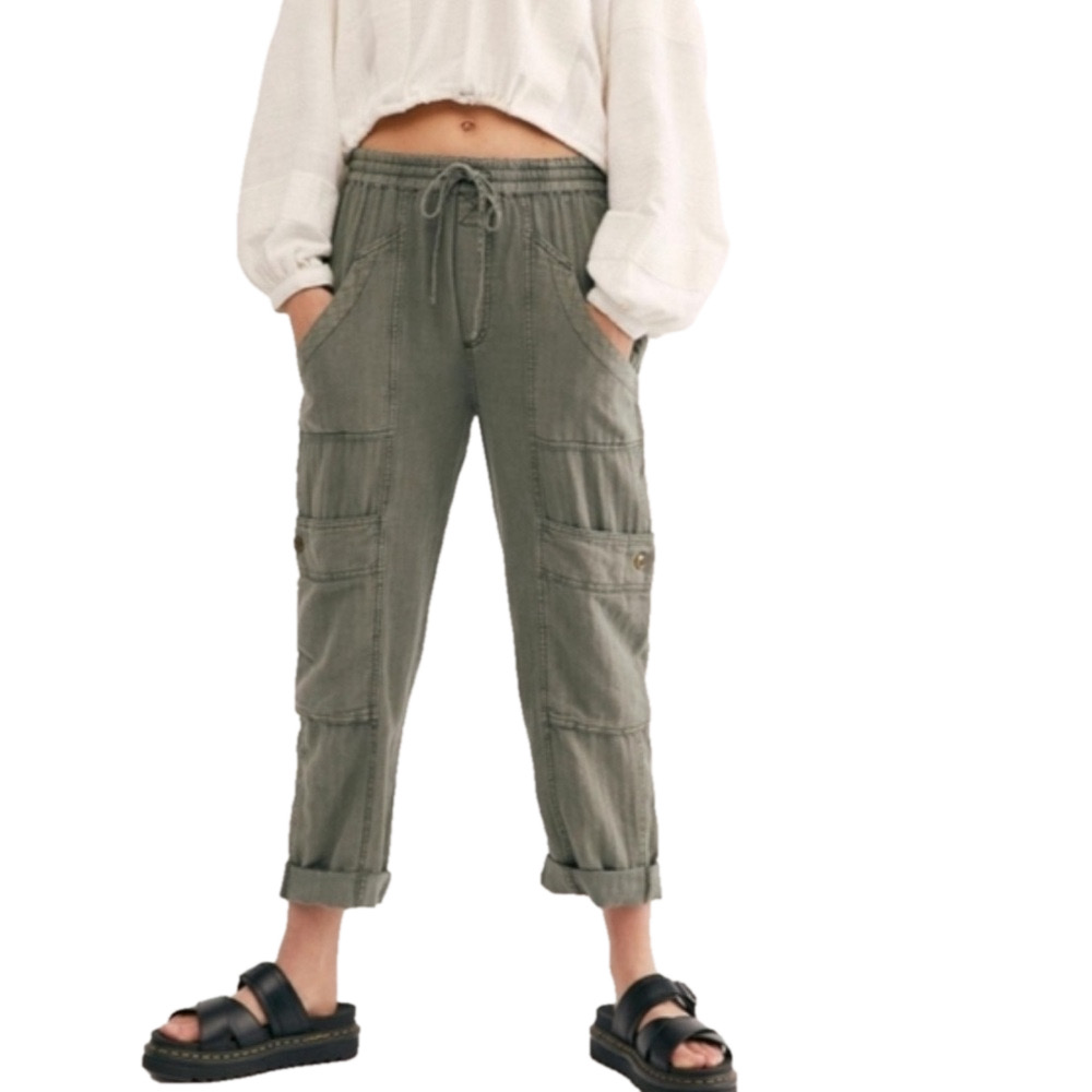 Free People linen blend Utility Pull On Pant cargo Feelin Good green medium